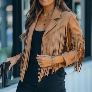 Vici Walford Cropped Fringe Faux Suede Jacket in Camel